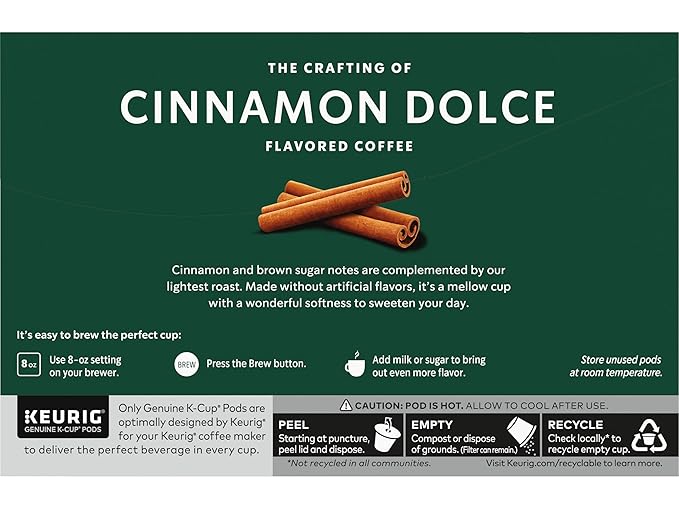 Starbucks Flavored Coffee, Genuine K-Cup Pods, Cinnamon Dolce Flavored, with Sweet and Mellow Notes, Recyclable Pods, 10 Count Pods in Each (Pack of 4)