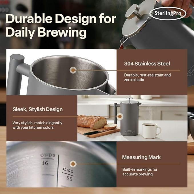 Stainless Steel French Press Coffee Maker 1.75 L (59 oz) Grey – Double Walled Insulated Extra Large French Press, Durable Design Keeps Drinks Hot, Easy to Use and Clean for Rich Flavor