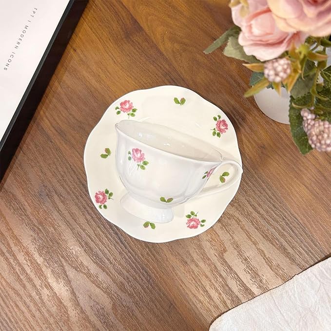 Tea Cup and Saucer Set with Blue Flowers，6.76 oz Ceramic Coffee Cup，Latte Mug for Mother's Day Gifts (pink)