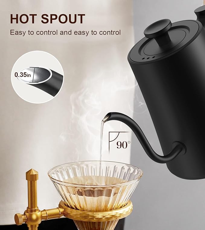 Gooseneck Electric Kettle with ±1℉ Temperature Control & Keep Warm for Pour Over Coffee & Tea, Rapid Boil, 304 Stainless Steel, Built-in Brew Timer, 1200W 1.0L