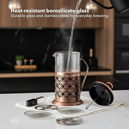OVENTE French Press Coffee Maker 34 Ounce with Heat Resistant Borosilicate Glass, Stainless Steel Design and 4-Level Filter System, Portable Cold Brewer Pot for Travel, Camping or Gift, Copper FSF34C