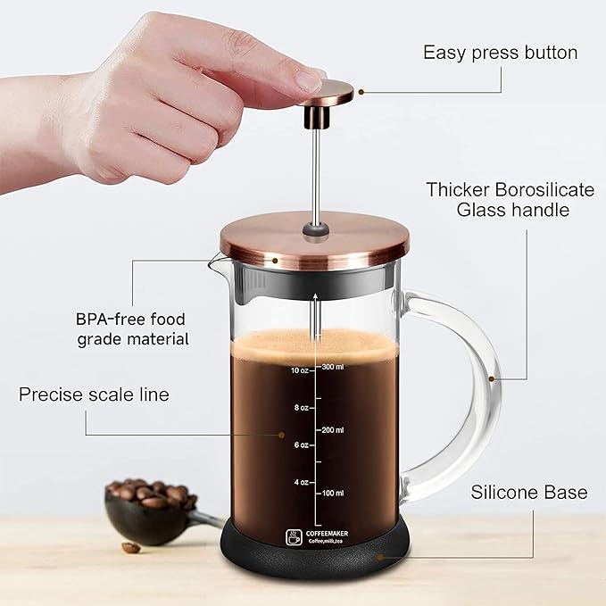 French Press Coffee Maker 12 Ounce Espresso Tea Coffee Maker with 4 Filters System, Stainless Steel Plunger and Heat Resistant Borosilicate Glass BPA-Free Brewed Tea Pot Coffee Plunger