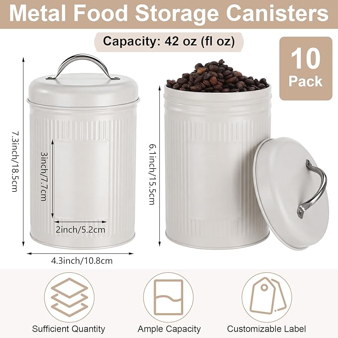 LemonRoad 10 Pack Farmhouse Coffee Canister Storage Container, 48 oz Vintage Coffee Bean Airtight Jar with Lids, Metal Food Tins, Kitchen Countertop & Pantry Organization for Candy Sugar Cookie Tea