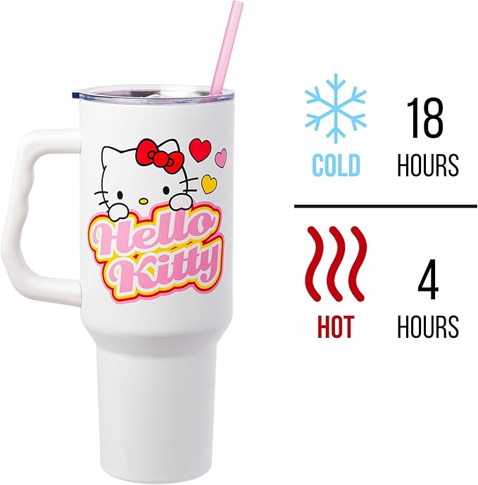 Silver Buffalo Sanrio Hello Kitty Name and Hearts Double Walled Stainless Steel Tumbler with Handle and Straw, Fits in Standard Cup Holder, 40 Ounces