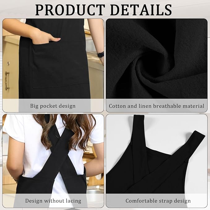 Japanese Style Apron, X Cross Back Strap Aprons, Linen and Cotton Blend Apron, No Tie Design with 2 Practical Front Pockets, Perfect for Women Men Baking Painting Gardening Cleaning (Black) - Image 6