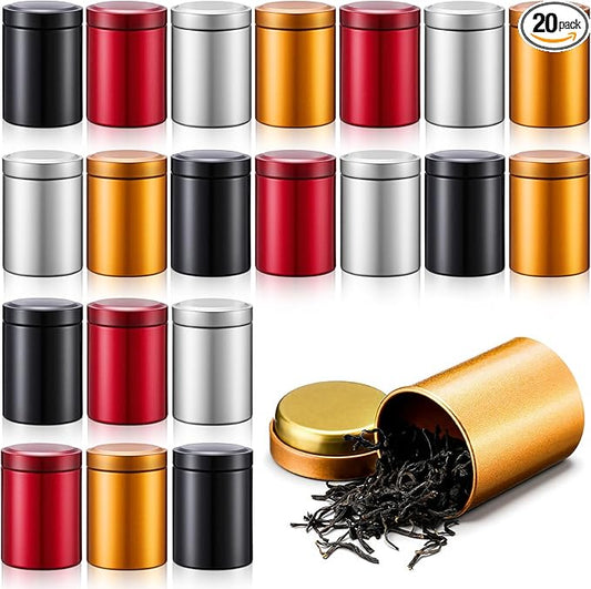 20 Pcs Mini Tea Tin Canister 1.8 × 2.6" with Round Airtight Double Lid Small Kitchen Tea Canister Container for Travel Business Leaf Coffee Candy Spices Herbs (Dark Red,Black,Silver,Gold)