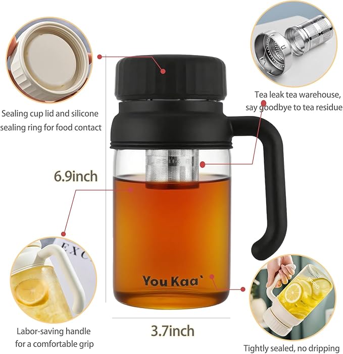 32oz Glass Water Bottle, Tea Bottle with Infuser & Handle, BPA-Free Leakproof Wide Mouth Large Tea Infuser cup for Hot or Cold Drinks, Loose, Fruit (Black)