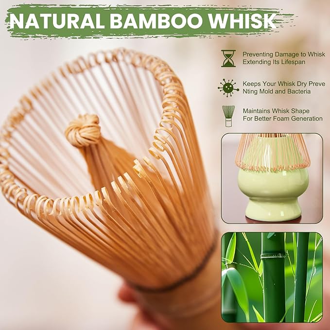 Matcha Whisk Set, Lotus Green Ceramic Matcha Set Includes Matcha Bowl, Matcha Whisk (Chasen) and Holder, Sifter, Bamboo Scoop & Spoon - 6 Pcs Matcha Kit for Matcha Lovers
