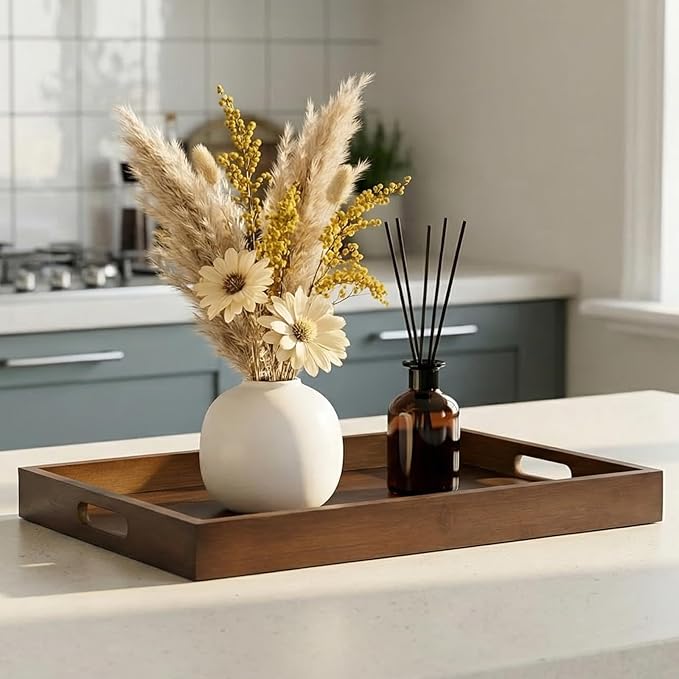 17.3‘’x11.8''x1.57''Large Bamboo Wooden Tray with Handles, Rectangular Natural Solid Wood, Walnut Brown Color Serving Tray.Suitable for Kitchen,Bedroom,Breakfast,Coffee,Decorative,Party Bars.