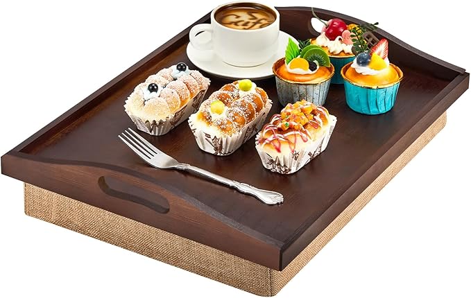 Tioncy 1 Piece Bamboo Lap Tray with Detachable Pillow 16.9'' x 13'' Lap TV Trays Desk with Handles for Adults Eating in Recliner Breakfast Housewarming Gift (Walnut Brown)