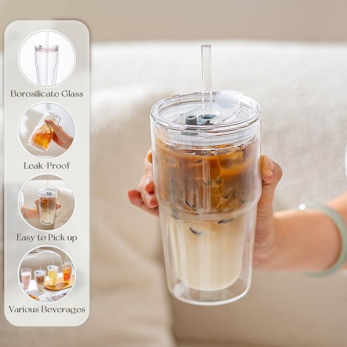 KEMORELA Set of 4 Double-Walled Glass Cups, 16 oz / 480 ml Insulated Tumblers for Iced Coffee, Latte, Matcha, Smoothies, Bubble Tea & Cold Drinks – Clear Modern Glassware, Dishwasher Safe