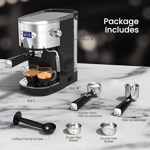 20 Bar Espresso Machine, Professional Stainless Steel Coffee Maker with LCD Display, 45oz Removable Water Tank, Home & Office Espresso Maker for Cappuccino Latte Macchiato, Black