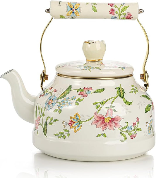 Jucoan 2.6 Quart Vintage Enamel Tea Kettle, Green Floral Stovetop Water Kettle Teapot with Porcelain Handle for Home Kitchen Camping Tea Party, Gift for Bridal Shower Wedding Housewarming
