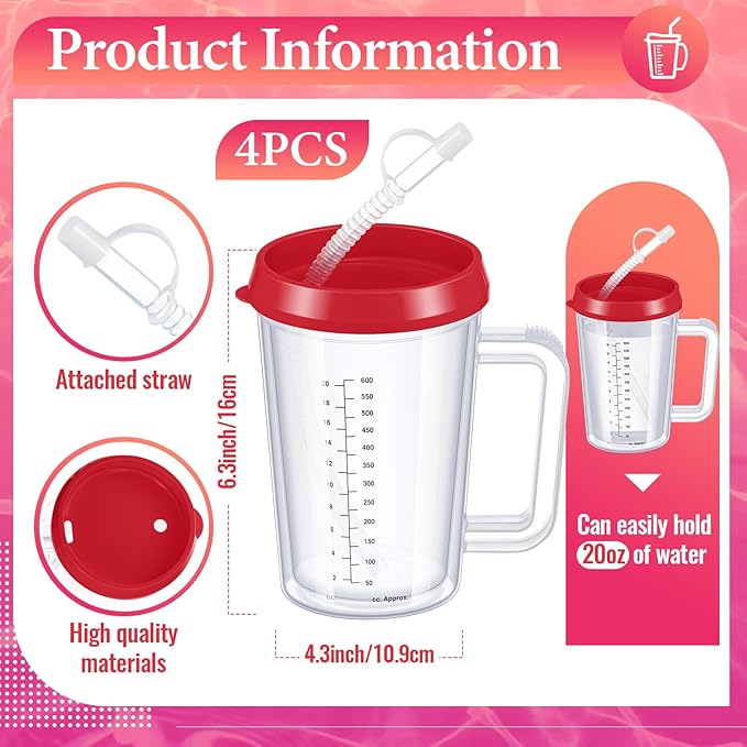 4 Pcs 20 oz Hospital Water Cup with Straw and Lid Insulated Double Walled Elderly Water Bottle Hospital Carafe Mug with Handle Graduated Plastic Drinking Sippy Cup for Adult(Red)