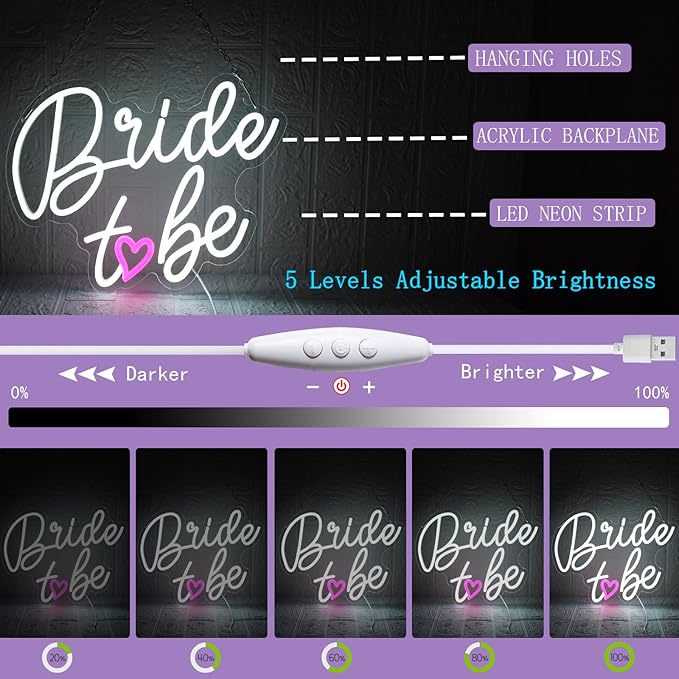 Bride to Be Neon Sign Wedding Light Signs White Led Neon Light Signs USB Dimmable Led Lights Sign for Bachelorette Engagement Party Bridal Shower