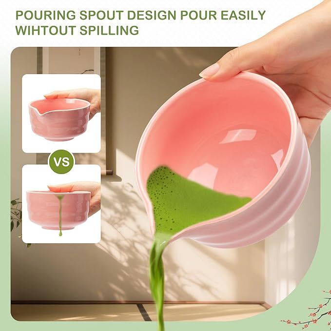 FEXIA 10 Pcs Matcha Whisk Set, Matcha Making Kit, Powerful Milk Frother Wand, Bowl With Spout, Bamboo Whisk, Whisk Holder, Stainless Sifter, Spoon for Japanese Traditional Tea Tools Gift (Pink)