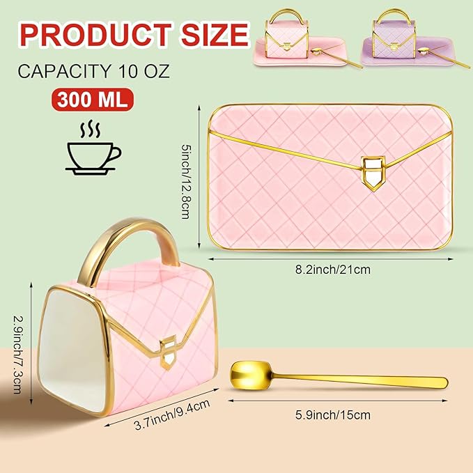 Zubebe 2 Set Coffee Mug Elegant Handbag Shaped Cup Mother's Day Modern Ceramic Purse Mug with Spoon and Saucer, 10oz Cute Creative Tea Cup for Woman Girls Gift (Pink,Purple)