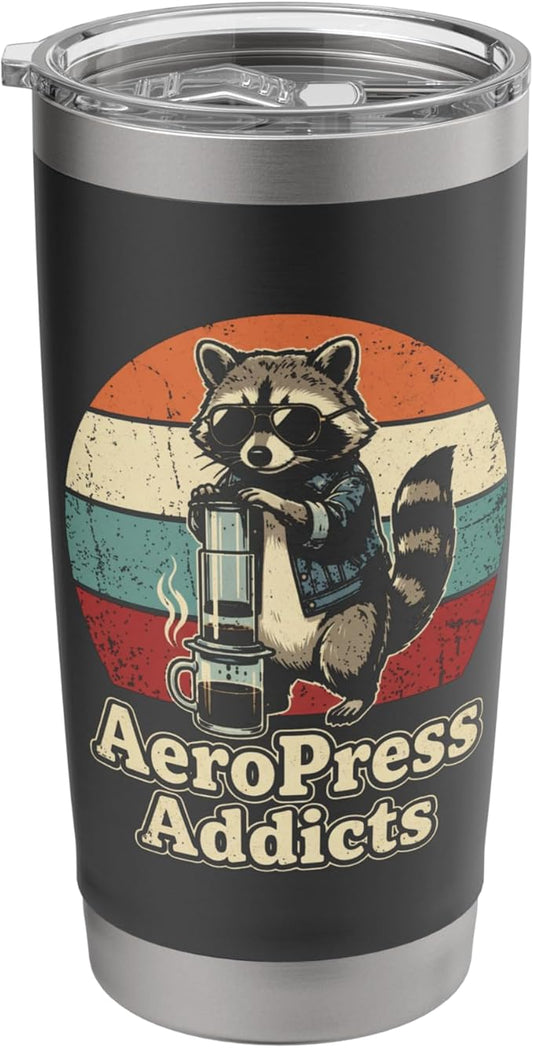 Retro Raccoon Coffee Lover Shirts AeroPress Addicts Stainless Steel Insulated Tumbler