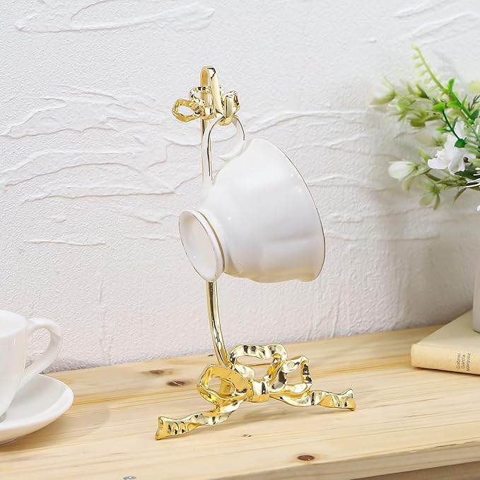 Brass Tea Cup and Saucer Display Stand Vintage Bow Teacup Holders Plate Stand Mug Hooks Classic Durability Countertop Storage for Cabinet Kitchen Counter Bar (4.92 x 9.25 x 2.56 Inches)