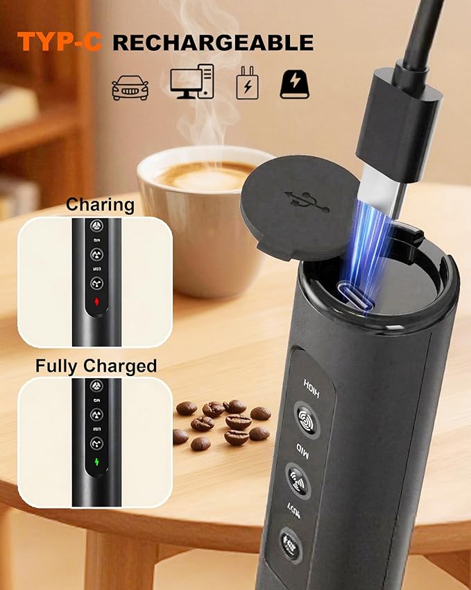 Rechargeable Handheld Milk Frother Wand with 3 Whisks & Storage Box, 3-Speed Electric Drink Mixer for Latte, Cappuccino, Hot Chocolate, Matcha and Eggs, Kitchen & Coffee Gift Set