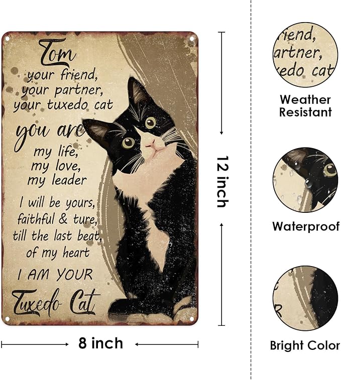 Black Cat Metal Sign I Am Your Friend Your Partner Your Cat You Are My Life Tin Sign For Home Office Living Room Bar Cafe Club Wall Decor Hanging Painting 12 X 8 Inch - Image 3