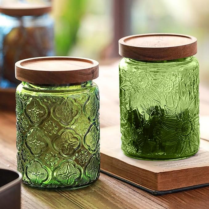 Glass Jar with Lid, Vintage Glass Storage Jars with Airtight Lid Coffee Canister Sugar Container for Kitchen Counter Pantry, Spice, Candy, Coffee Beans, Tea, Cookie (24 FL OZ Green Begonia)