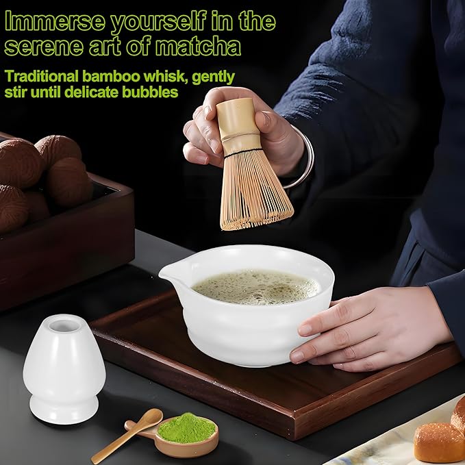 Matcha Whisk Set, Matcha Bowl with Spout, 18oz Ceramic Matcha Tea Bowl (Chawan), Bamboo Matcha Whisk & Spoon, Chasen Holder, Sifter, Japanese Ceremony Matcha Powder Kit, Gift for Women