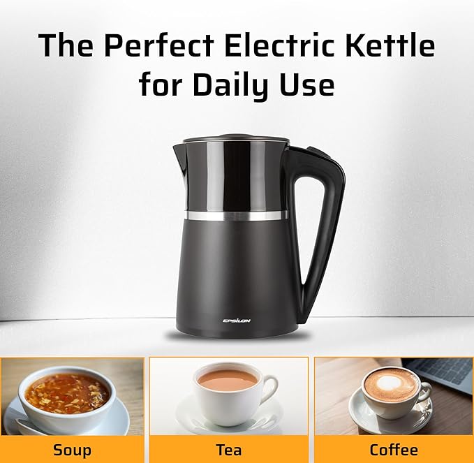 Epsilon Electric Kettle 1100W - 1.7L, Electric Tea Kettle with Boil Dry Protection and Auto Shut-Off, Fast Boil Electric Tea Kettle, Double Wall Stainless Steel, Removable Top and BPA Free
