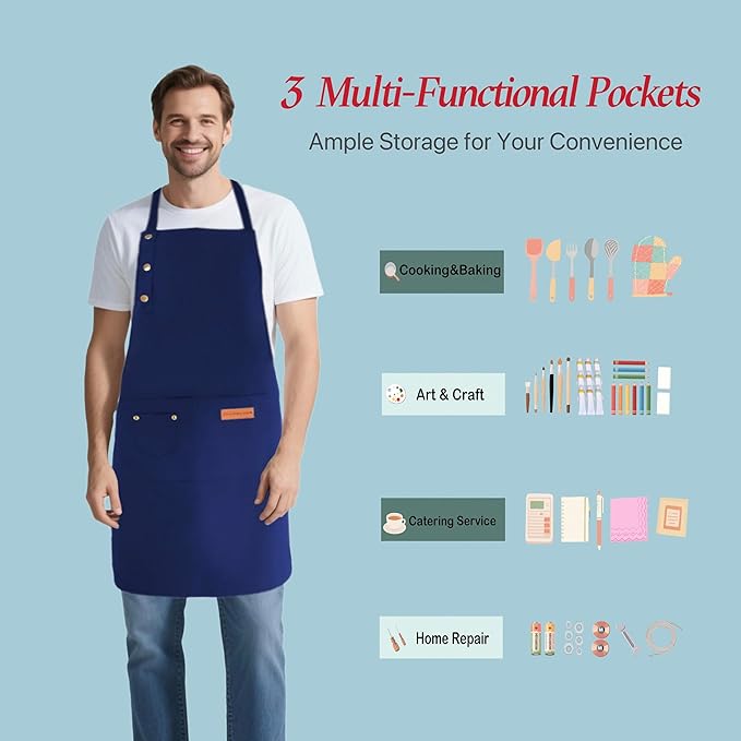 Kitchen Cooking Apron for Women Men Water-Resistant Artist Barista Baking Craft Catering Work Bib with Large Pockets
