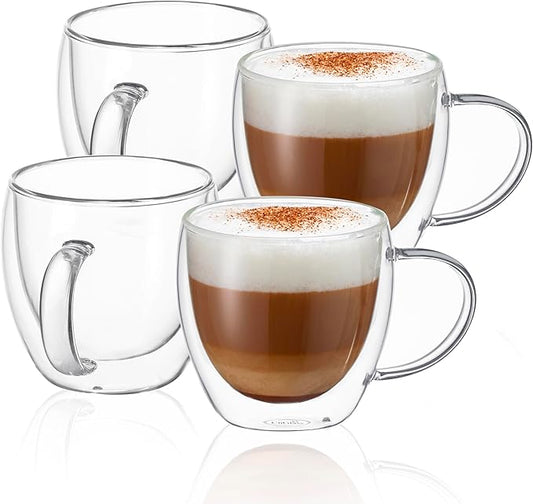 CNGLASS 8.5oz Glass Coffee Mug,Double Wall Insulated Glass Mugs with Handle,Clear Espresso Mugs for Latte,Cappuccino,Tea Bag,Set of 4