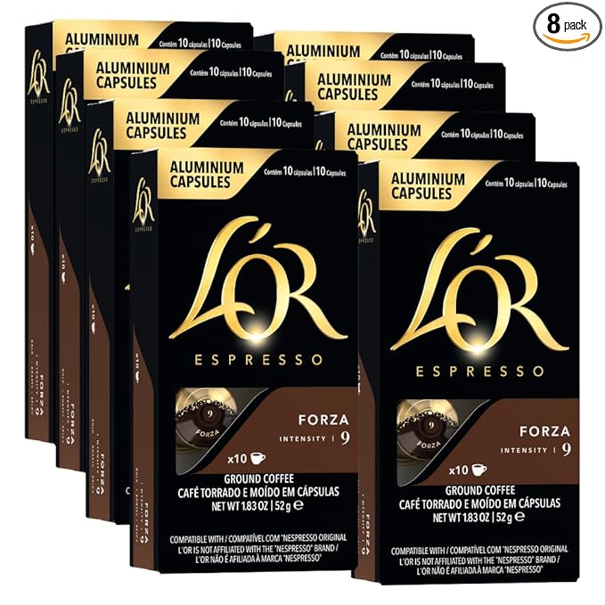 L'OR Espresso Capsules, 80 Count Forza, Single-Serve Aluminum Coffee Capsules Compatible with the L'OR BARISTA System & *Nespresso Original Machines, 80 Count (Pack of 8)