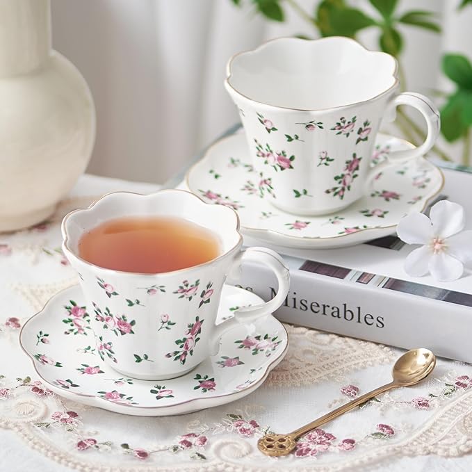 Floral Tea Cups and Saucers, 6oz Ceramic Teacup Set of 4, Elegant Scalloped Edge Coffee Cups for Latte, Cappuccino, Espresso, Rose Tea Cups for Tea Parties, Women Gifts for Mother's Day, Spring Decor