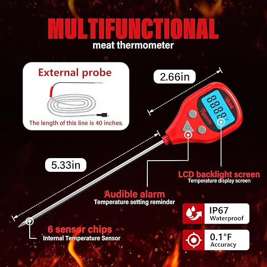 Rechargeable Digital Meat Thermometer with 3.3ft External Probe, Warning Alert, Instant Read Food Thermometer for Cooking Baking Water BBQ Oil Fry, Waterproof IP67, Hold Function, Oven Safe