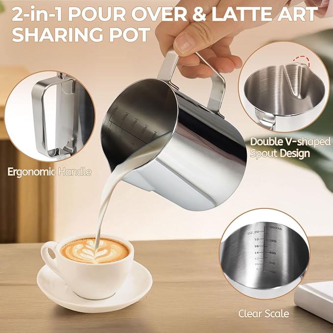 Pour Over Coffee Maker 600ml Milk Frothing Pitcher 304 Thickened Stainless Steel Drip Coffeemaker Set with 50pcs V60 Cone Paper Filters Hand Brew Dripper Carafe for Home Camping Travel 20oz
