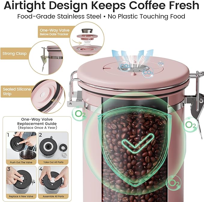 Veken Coffee Canister with Window, Easter Gifts Airtight Stainless Steel Container with Lids, Home Kitchen Food Storage Jars for Grounds, Beans, Tea, Flour, Cereal, Sugar, Basket, Scoop, 22OZ, Pink