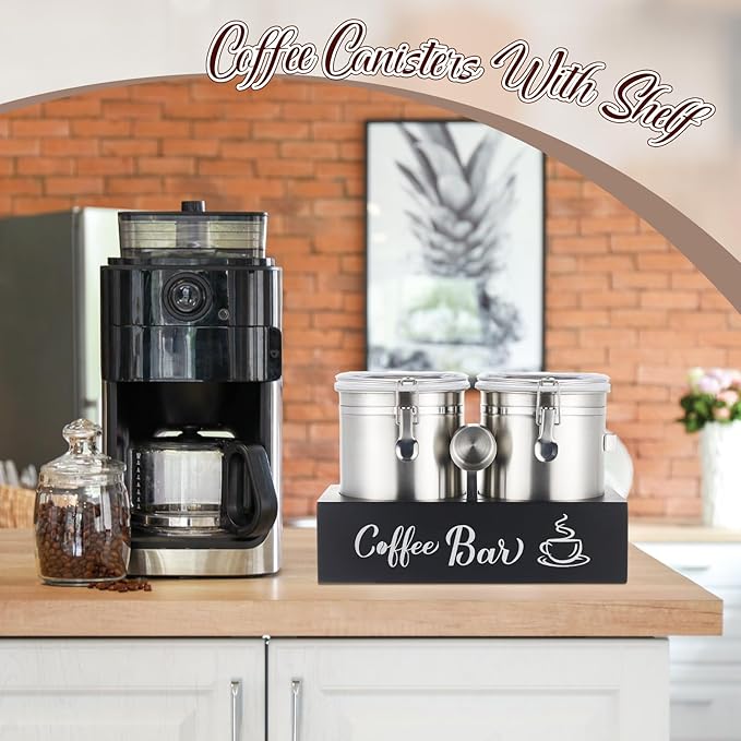 Maxcheck 2 Pcs 66 oz Coffee Sugar Canisters with Shelf & Scoop, Easter Gifts Airtight Stainless Steel Container with Lids, Home Kitchen Food Storage Jars for Grounds, Beans, Tea, Cereal(Silver)