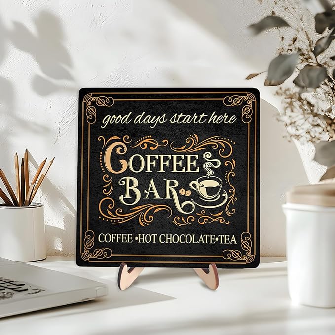 Vintage Coffee Bar Decor Sign,Rustic Wooden Plaque for Java Station, Kitchen,Cafe or Tea Corner, Funny Jave Gift for Coffee Lovers (Black, 5.9x5.9inches)