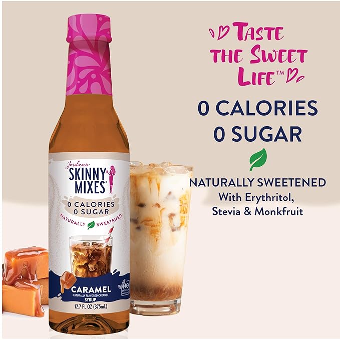 Jordan's Skinny Mixes Sugar Free Coffee Syrup, Caramel Coffee Flavoring Syrup, Naturally Sweetened Zero Calorie Drink Mix, Lattes, Baking, Protein Shake or Cocktail, Dairy & Gluten Free, 12.7 Fl Oz