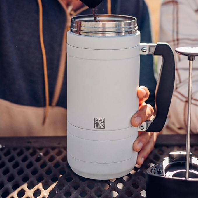 BruTrek® by Planetary Design Basecamp Coffee Press - Double Wall Vacuum Insulated Stainless Steel - Bru-Stop Technology, No Grounds in Coffee, No Spill Lid (Snowflake White, 32 fl.oz)