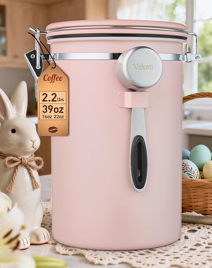 Veken Coffee Canister, 39OZ Large, Airtight Stainless Steel Food Storage Container for 2.2lbs Coffee Beans, Ground, Sugar, Tea, Cookie,Flour, Kitchen Bar Accessories with Date Tracker & Scoop, Pink