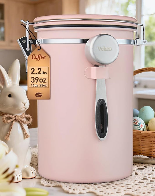 Veken Coffee Canister, 39OZ Large, Airtight Stainless Steel Food Storage Container for 2.2lbs Coffee Beans, Ground, Sugar, Tea, Cookie,Flour, Kitchen Bar Accessories with Date Tracker & Scoop, Pink
