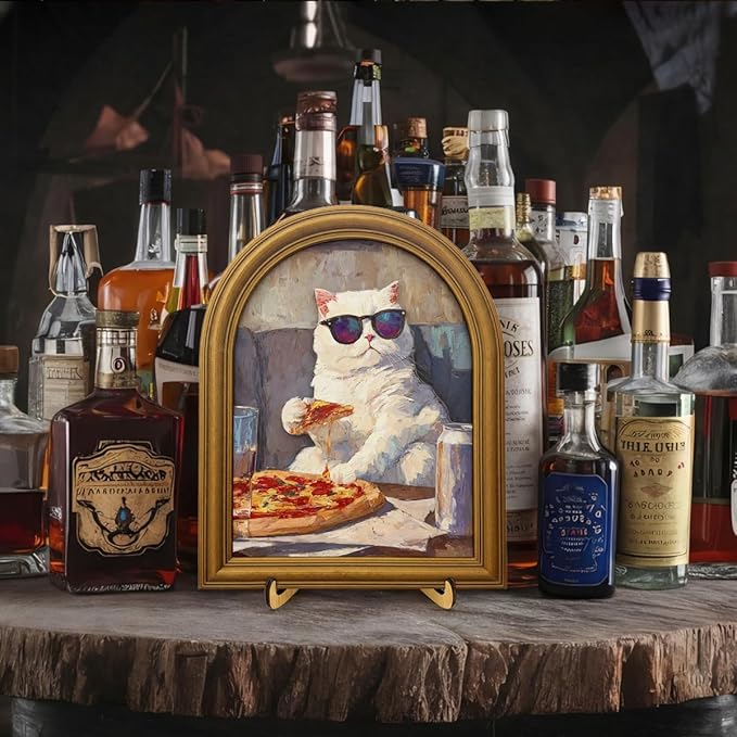 3D Funny Pizza Cat Wall Art Sign for Kitchen Decor, Cool Sunglasses Cat Portrait Decor, 8x10 Inch