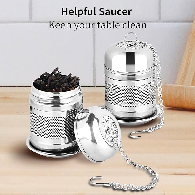 2PCS Tea Infuser Strainer - Stainless Steel Strainers for Loose Leaf Tea, Steeper, Fine Mesh Ball holder with Chain Hook and Lid, Reusable Filter Bags Diffusers