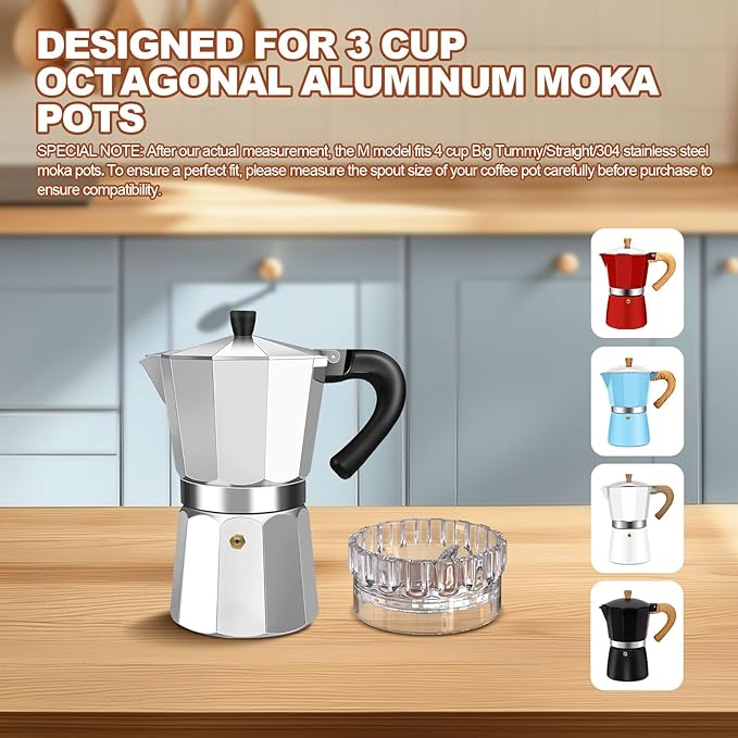 Moka Pot Dosing Funnel Transparent Mocha Dispenser Precise Volume Control Perfect Extraction Ratio for 3 Cup Aluminum Espresso Stovetop Coffeemaker-M65mm