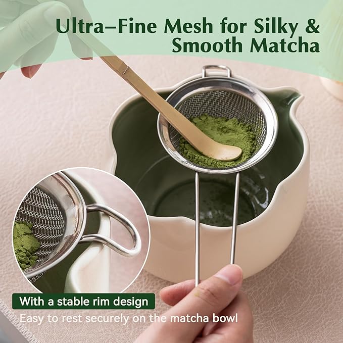 Matcha Set, 8Pcs Floral Ceramic Matcha Kit with Matcha Whisk, Holder, Scoop, Scoop Rest, Sifter, Spoon and Tea Towel - Thoughtful Matcha Whisk Set Gift for Matcha Lovers (Beige & Green)