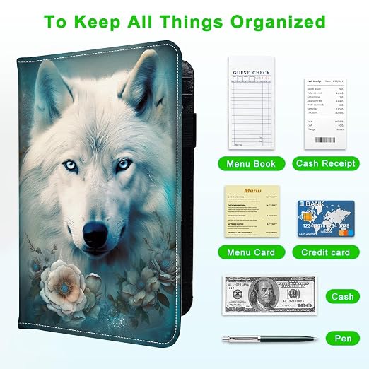 Server Books for Waitress, with 7 Large Pockets, Waiter Serving Book, Waitstaff Server Order Pads, Cute PU Leather Server Book with Pen Holder Fit Server Apron, White Wolf - Image 5