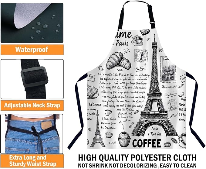 Retro Postcard with Eiffel Tower in Paris Kitchen Apron for Women Men, Unisex Adjustable Cooking Apron, Waterproof Apron for Home Kitchen, Restaurant, Coffee House - Image 3