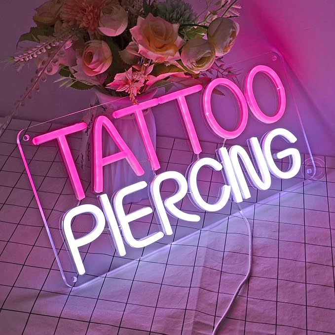 Britrio TATTOO Neon Sign Light Salon Studio Shop Plaque Pink LED Wall Art Decor Sign for Body Piercing Business Stores Beauty SPA Man Cave Garage Office Birthday Gift Indoors 5V USB 15.8 IN