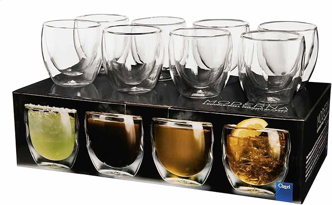 Moderna Artisan Series Double Wall 8 oz Beverage Glasses - Set of 8 Drinking Glasses