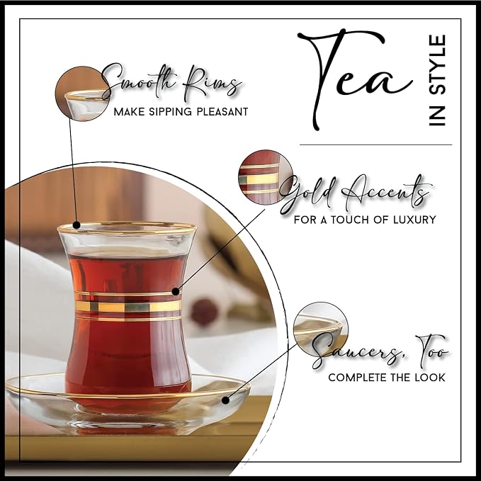 Vikko Turkish Tea Glasses & Saucers, 4 Oz Authentic Turkish Tea Cups,Set of 6 Clear Glass Tea Cups And Saucers, Gold Accented Turkish Tea Cup Set, 6 Cups and 6 Plates